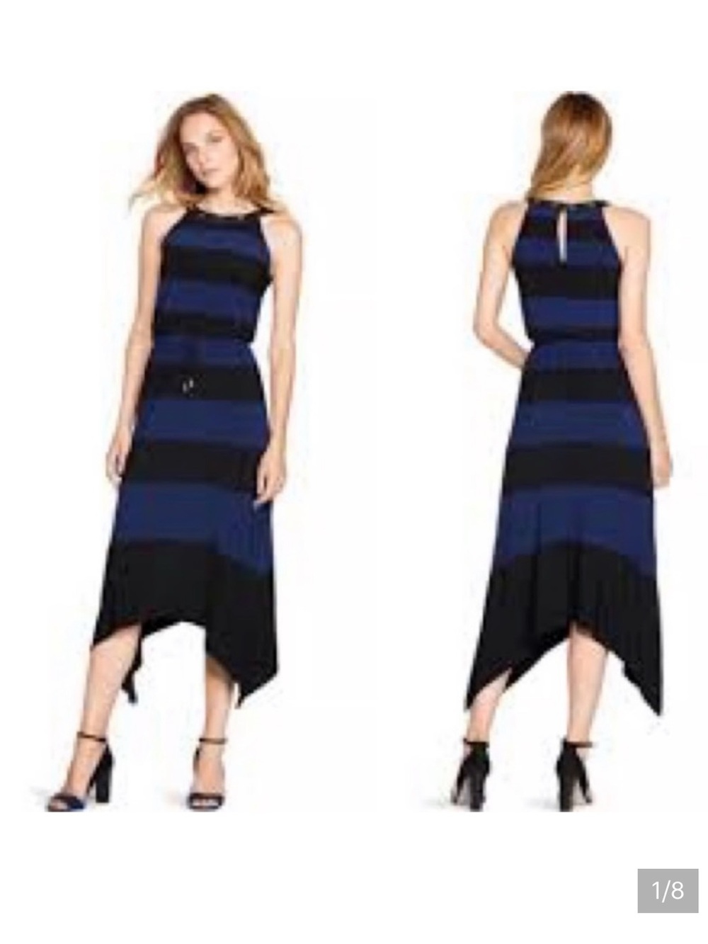 White House Black Market black and blue dress, size M, asymmetrical hem, flowy